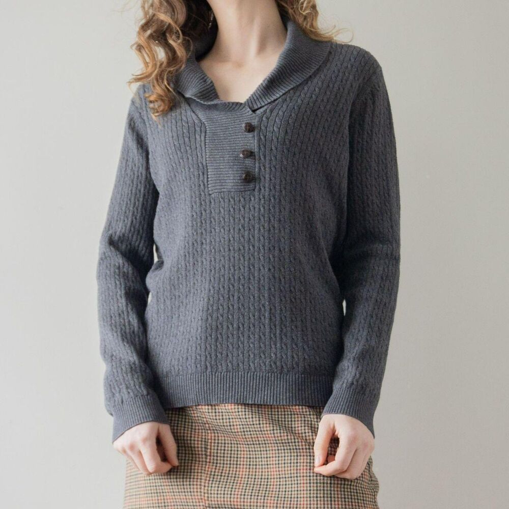 Knit Gray Cowl Neck Button Long Sleeve Women's Cotton Sweater